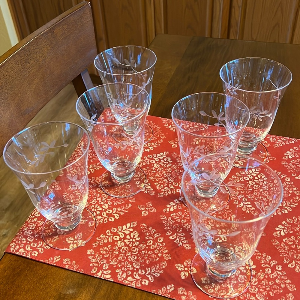 Set of six exquisite etched crystal glasses